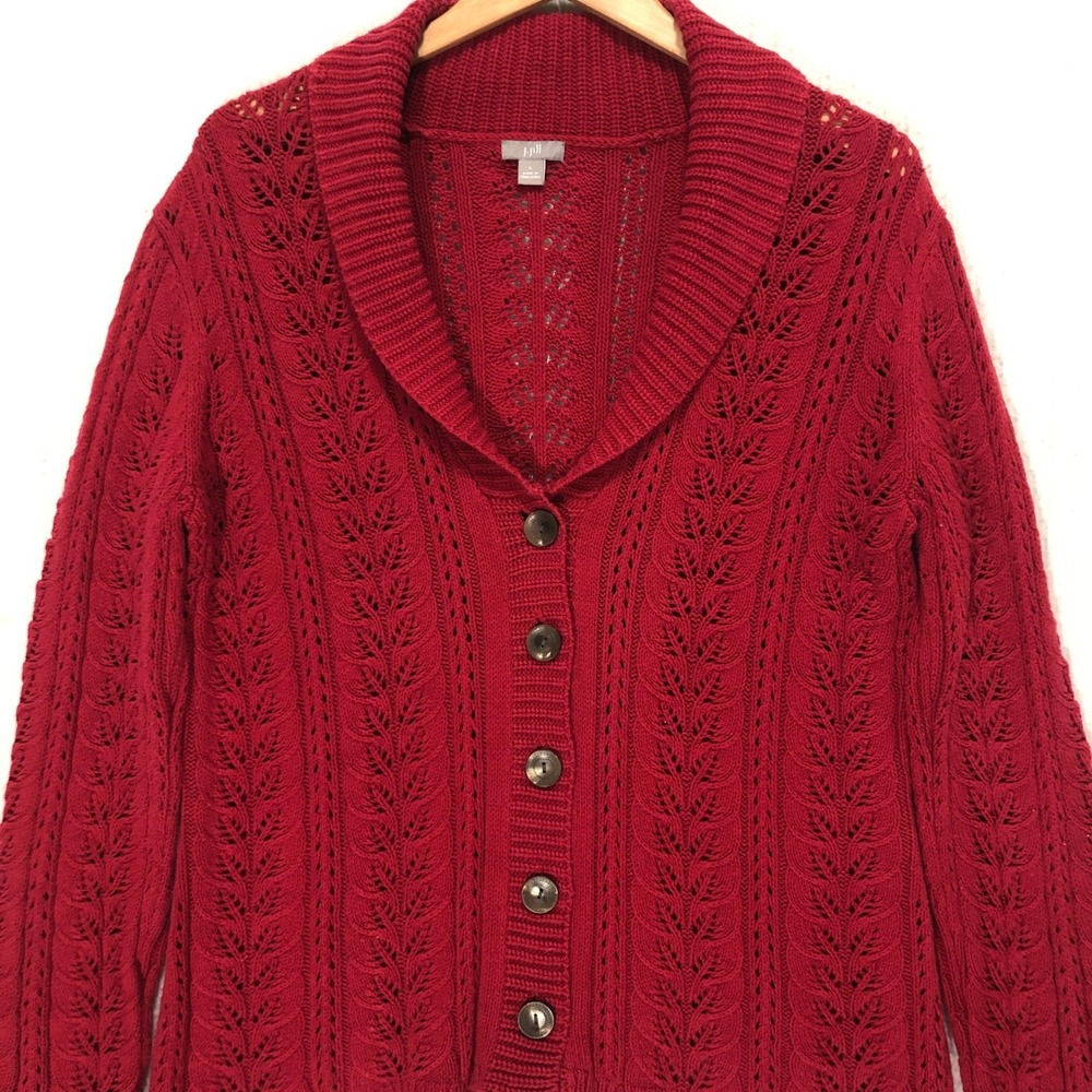 J Jill Red Cable Knit Shawl Collar Cardigan Sweater Women's Size L